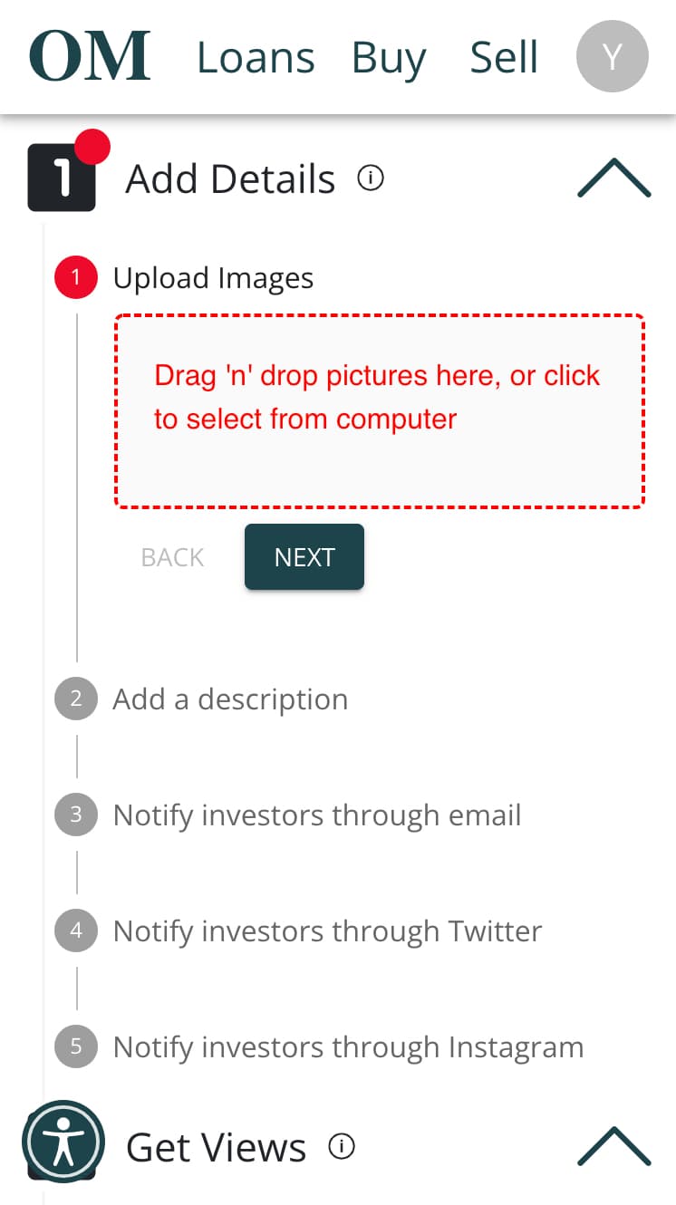 Offermarket listing page from the perspective of the lister. The view shows edit mode step that requests images of the property to be uploaded.