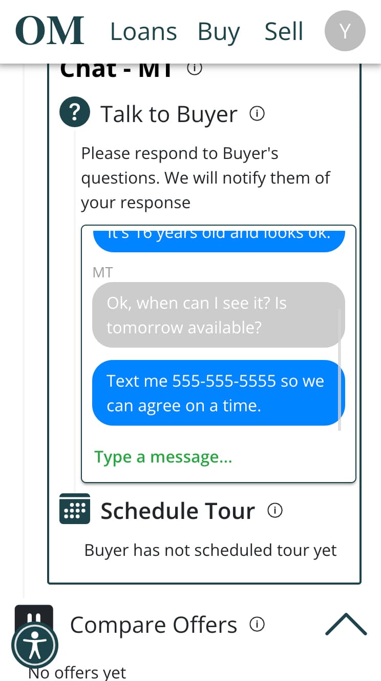 Chat window view on an offermarket listing page from perspective of the listing owner. The chat shows that the buyers asked several questions and seller and answered them and shared his contact information to continue conversation thought the phone